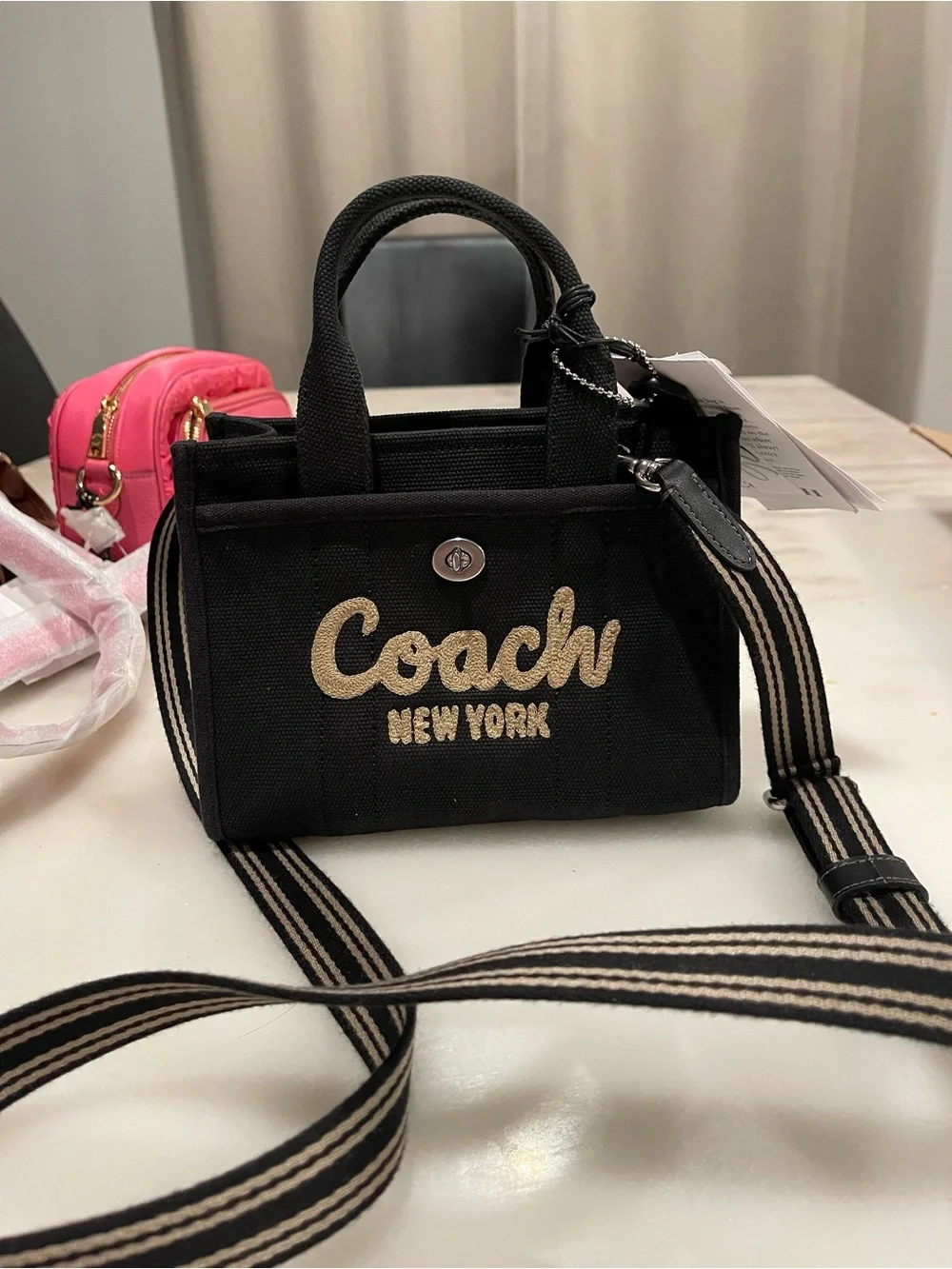 Coach Black Canvas Mini Tote Crossbody with Beige Logo - Picture 2 of 5